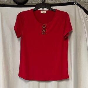 Elegant Red Short Sleeve Blouse with Ring Details